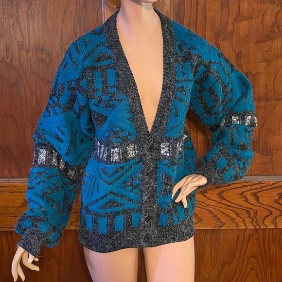 MEDIUM MENS XSTATX abstract Geometric print Grandpa Sweater Cardigan 90s USA - Picture 1 of 5